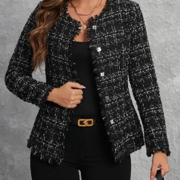 Chic Button Front Tweed Fringe Jacket - Blk/Wht - Size L - Picture 4 of 5